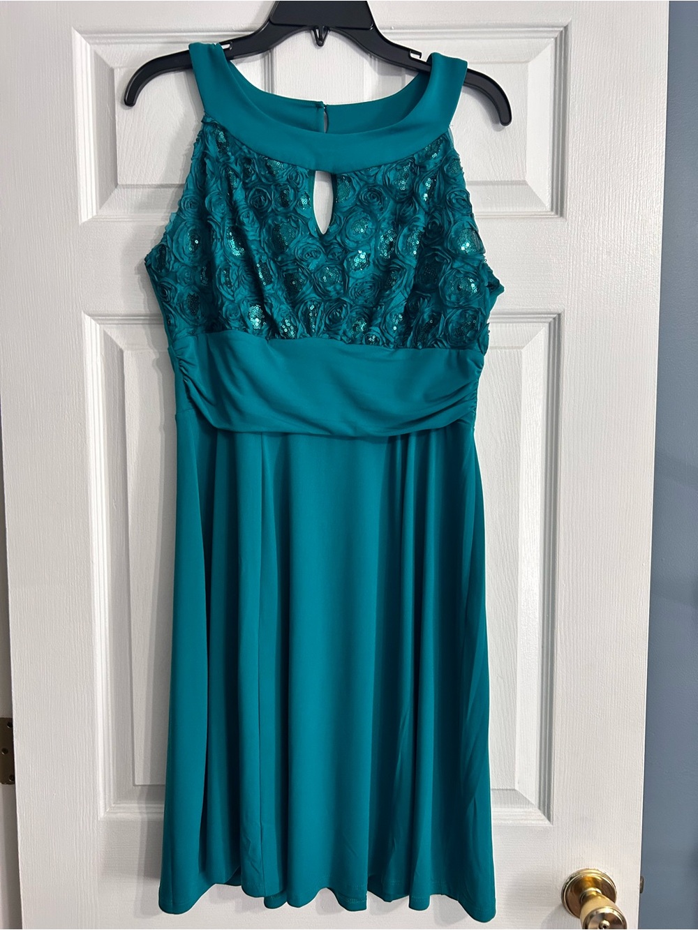 Enfocus Studio Teal Sleeveless Dress with Sequin Rosette Detail
